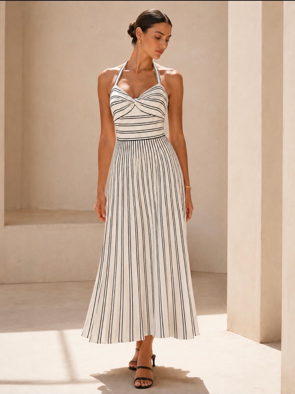 Striped Halter Midi Dress in White and Black